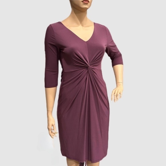 IGIGI Donna Dress Plus 14/16 Wild Rose 3/4 Sleeve Knee Length V-Neck Ruching NWT - Picture 1 of 16